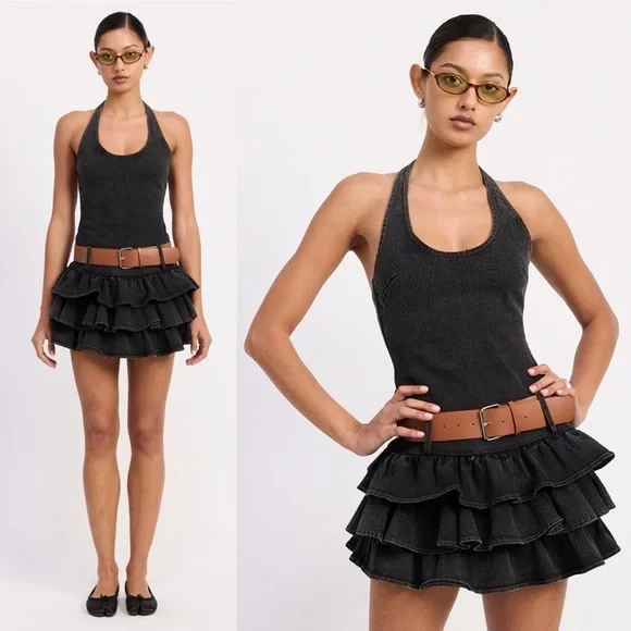 Rodeo Queen Belted Ruffled Dark Denim Mini Dress - Picture 1 of 5